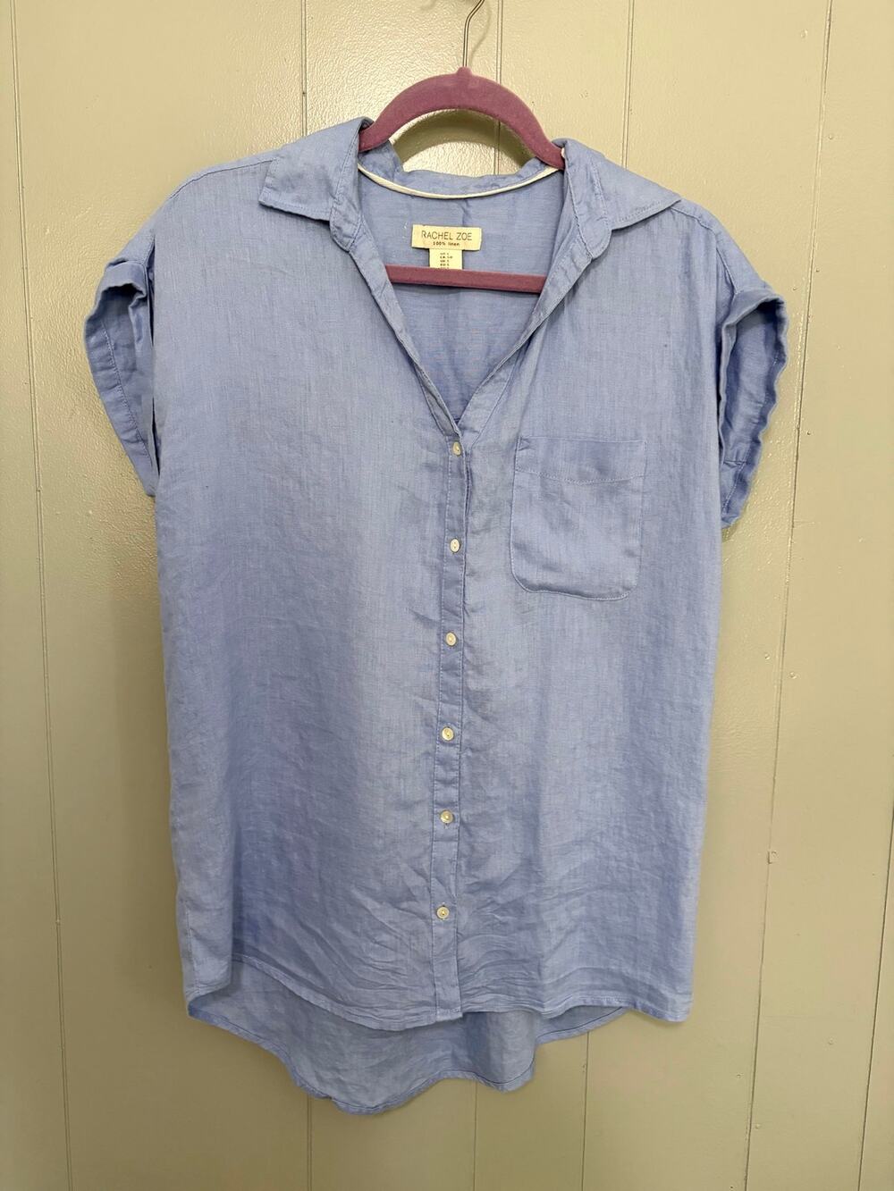 Rachel Zoe Blue Linen Button Down Cap Sleeves Classic Coastal Boxy Top S